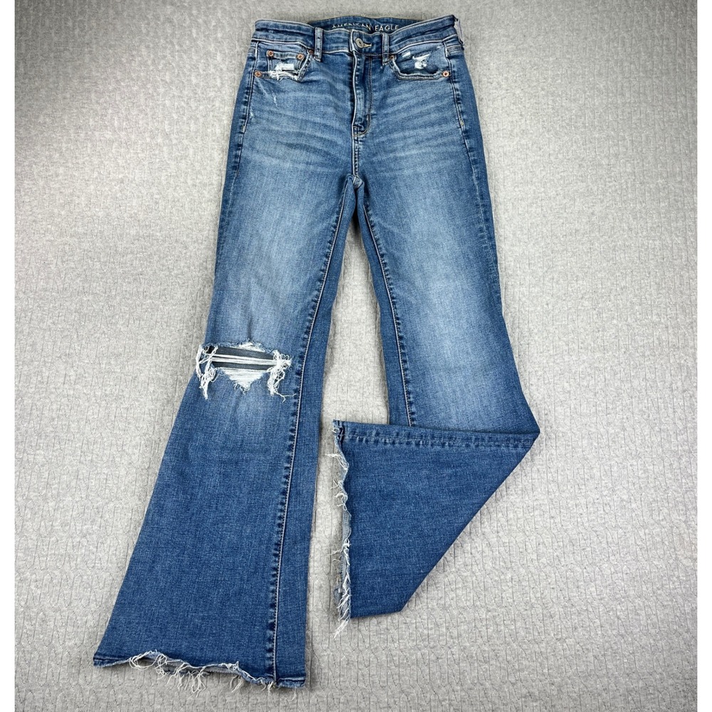 American Eagle Bootcut Flare Jeans Women 2 Short 25x27 Blue Distressed Raw Hem